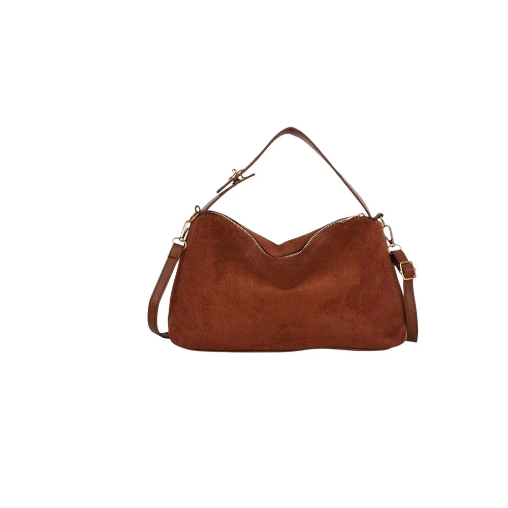 Brown Faux Suede Hobo Crossbody Bag Gold Hardware Slouchy Shoulder Handbag‎